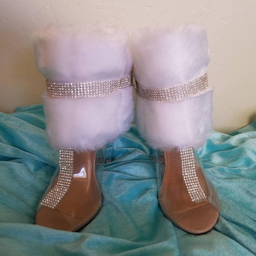 Ice Princess White Faux Mink Crystal Clear Booties